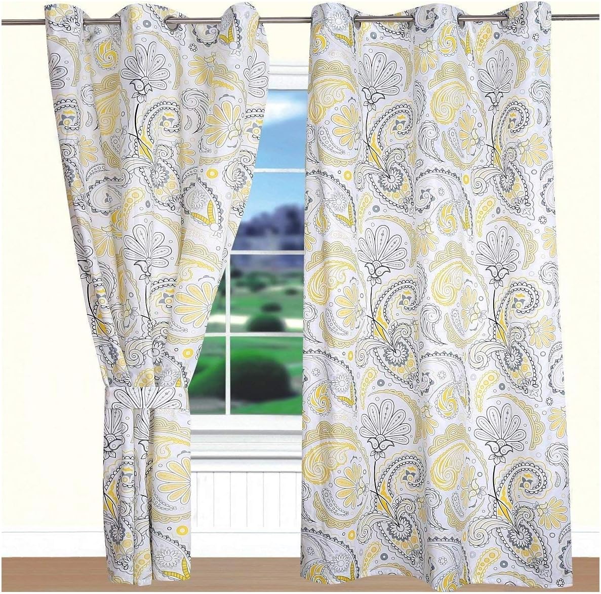 All American Collection New Yellow/Grey Paisley Printed Window Treatment Curtain (Panel, Yellow & Grey)