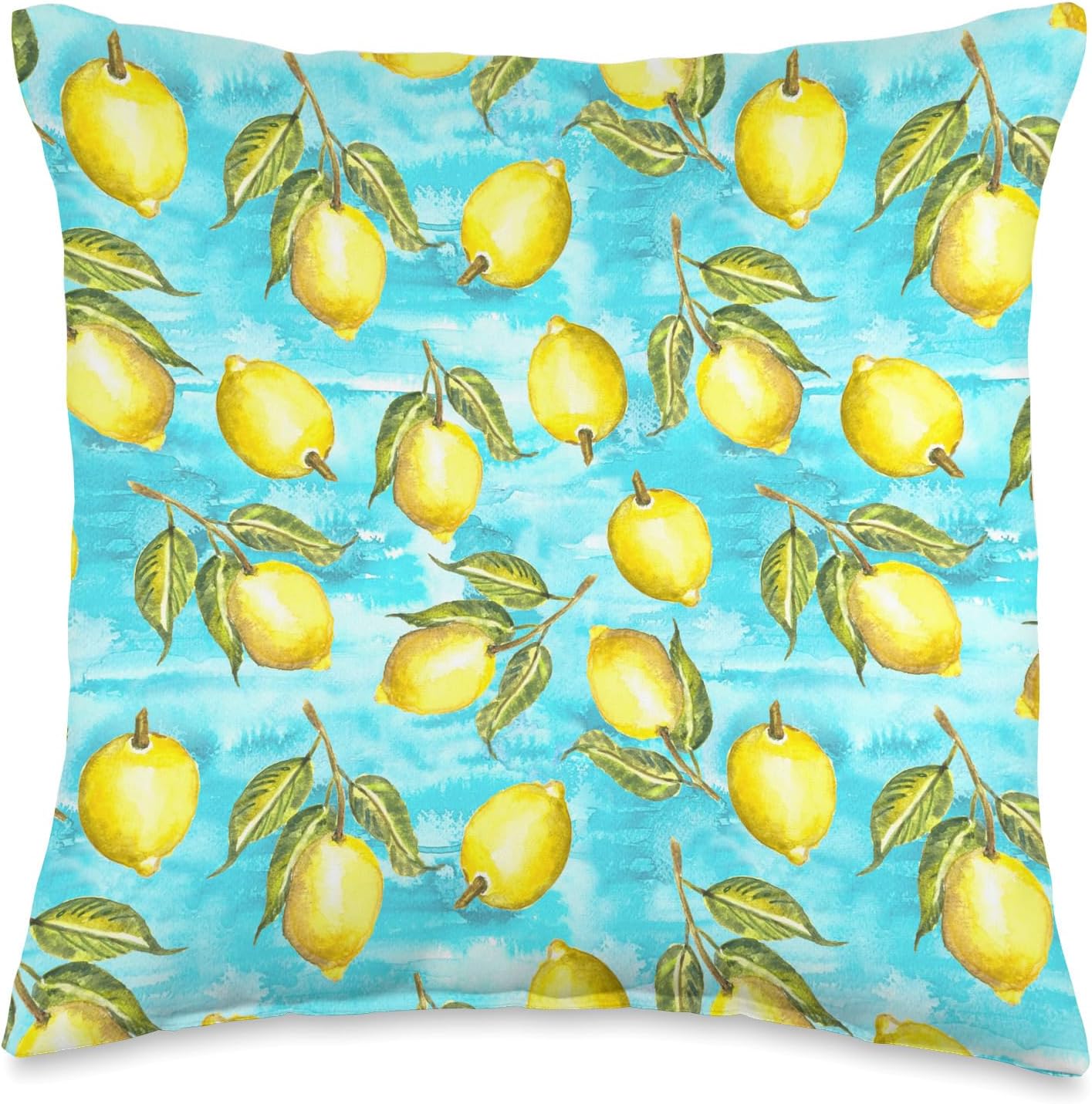 Watercolor Lemon Citrus Fruit Aqua Yellow European Summer Throw Pillow