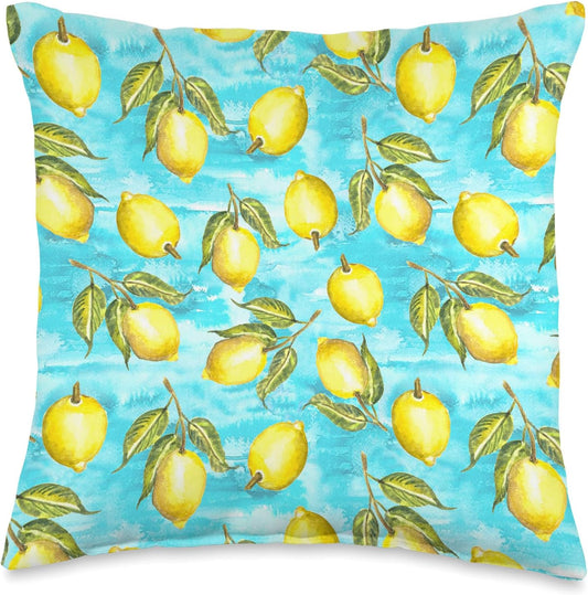 Watercolor Lemon Citrus Fruit Aqua Yellow European Summer Throw Pillow