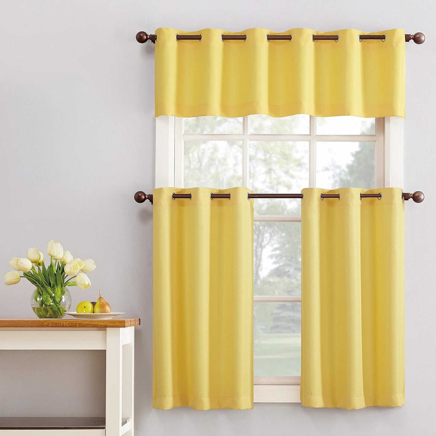 No. 918 Montego Casual Textured Semi-Sheer Grommet Kitchen Curtain Valance, Yellow, 14"W x 56"L