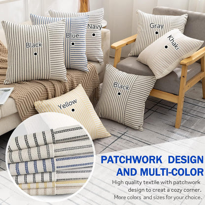 YCOLL Farmhouse Pillow Covers 18x18, Modern Accent Square Throw Pillow Covers Set of 2, Yellow and Beige Striped Patchwork Linen Decorative Pillows Cushion Covers for Couch Chair Bedroom Home Decor