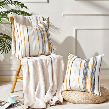 Farmhouse Throw Pillow Covers Accent Pillows Fall Pillow Covers 18x18 Boho Decorative Textured Woven Cushion Cases Set of 2 Mustard Yellow Striped Couch Covers for Couch Bed Living Room Home
