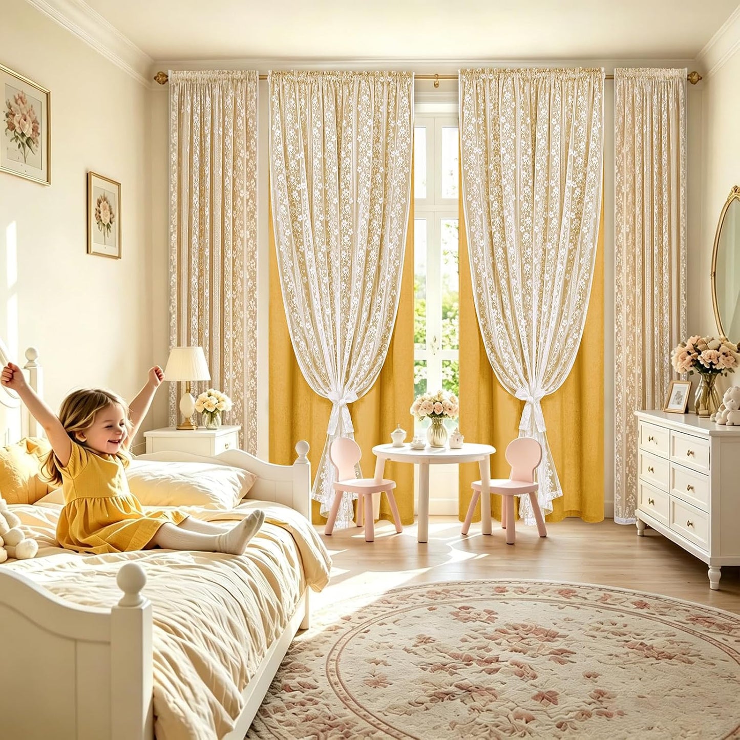 ASPMIZ Linen Curtains for Living Room Double Layer Curtains with Linen Lace, Mustard Yellow Bedroom Curtain Light Filtering, Rod Pocket Drapes 84 Inch Length 2 Panels Set with 2 Tiebacks, 52x84