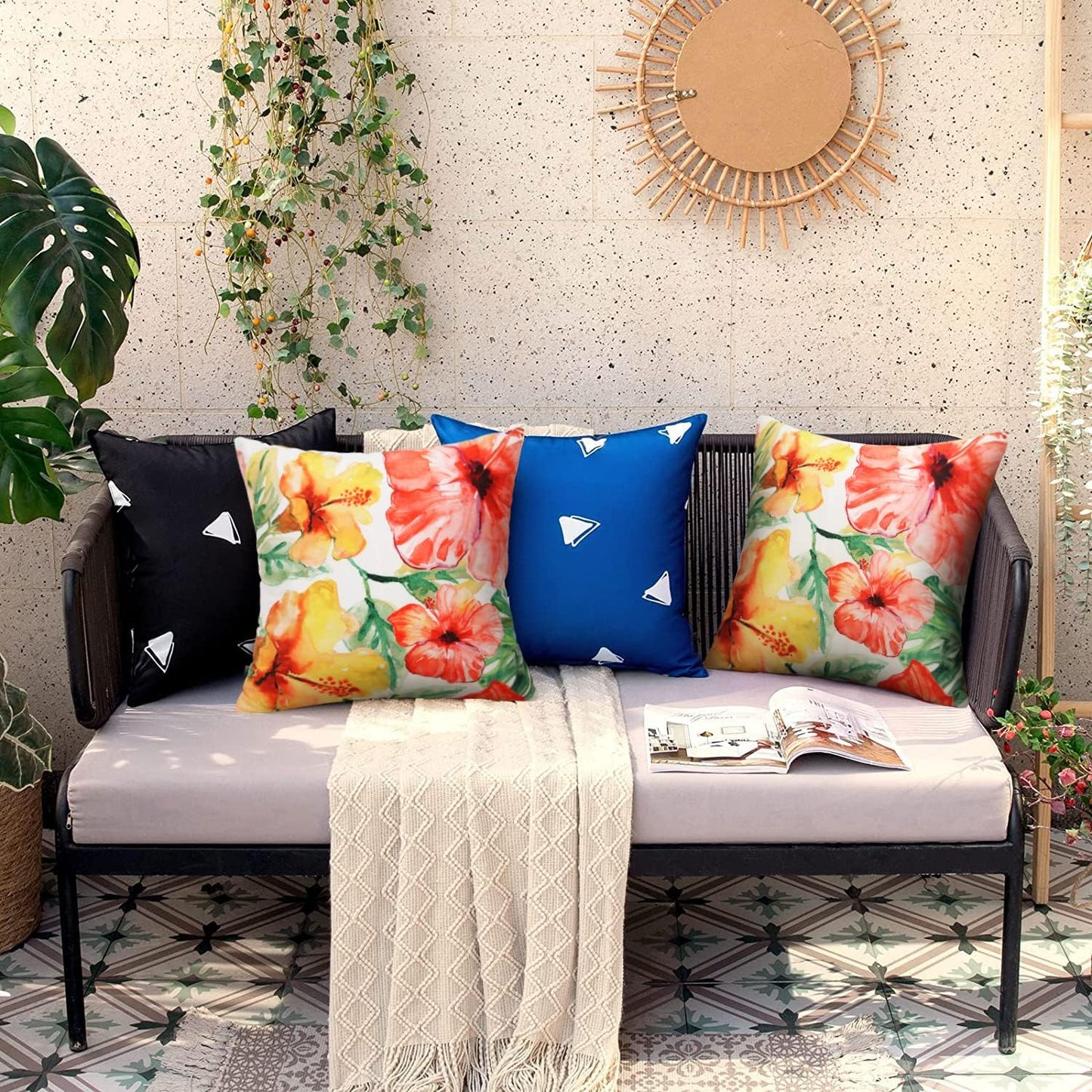 Pyonic Outdoor Pillow Covers Pack of 2 Red Yellow Floral Waterproof Throw Pillow Covers 18X18 inch Outdoor Pillows for Patio Furniture Garden Square Outside Waterproof Pillow