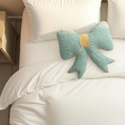 Creative Co-Op Woven Cotton Chenille Bow Shaped Decorative Pillow, Mint and Yellow