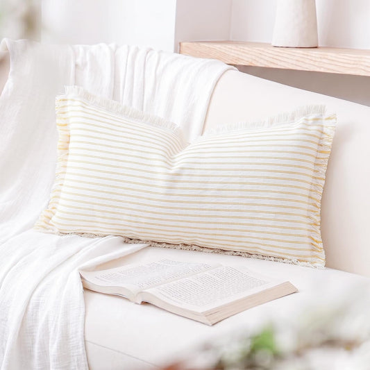 PANOD Decorative Boho Long Lumbar Pillow Cover 12x24,Super Soft Cotton Modern Long Rectangle Pillow Cover Pillow Case for Bed Sofa Couch Farmhouse Livingroom,Yellow