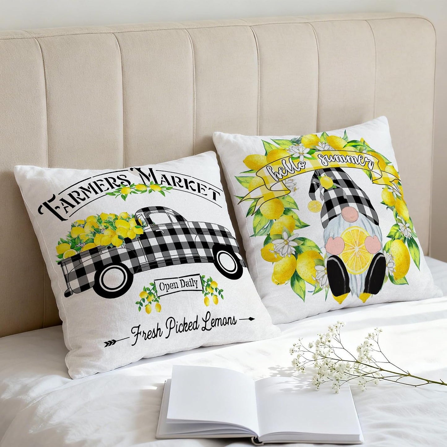 Hexagram Lemon Pillow Covers, Summer Buffalo Plaid 18x18 Pillow Cover | Lemmon, Farmhouse, Outdoor Decorative Buffalo Plaid, Cushion, Couch, Sofa, Living Room, Bedroom, Indoor Decor