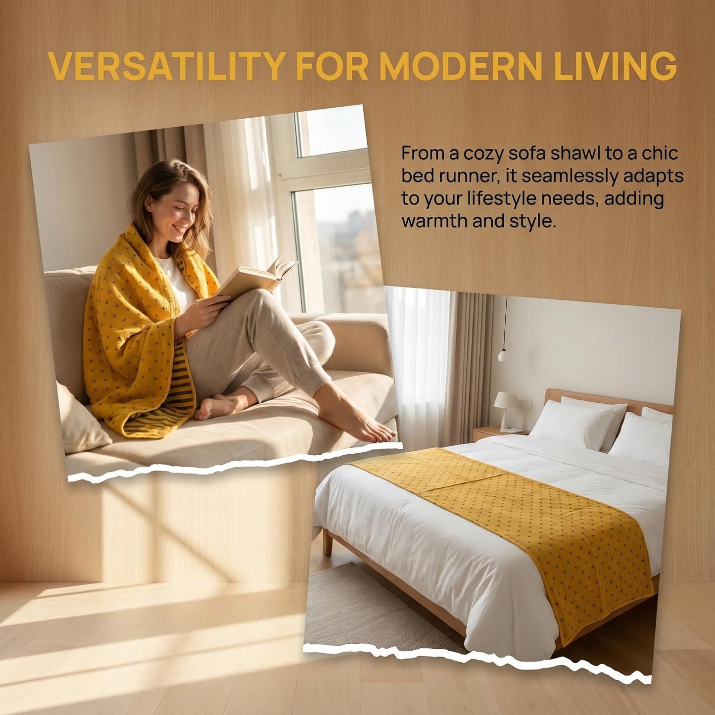 SANACYNA Muslin Blankets for Adults 100% Cotton 6-Layer Gauze Yellow Geometric Bed Blanket Lightweight Soft and Breathable King Blanket for Sofa Bed Coverlet Both Sides (Yellow, King 90" X 104")