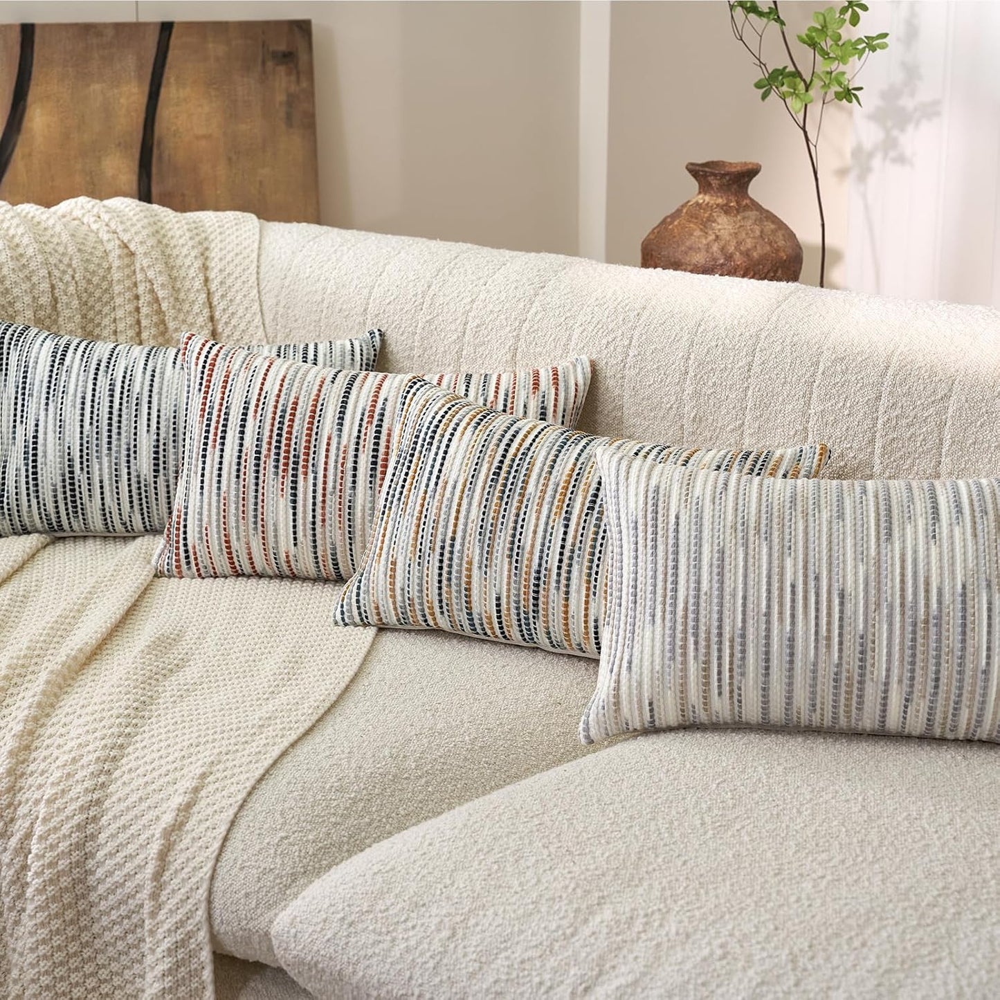 Aeckself Boho Striped Pillow Cover 12x20, Rectangle Decorative Lumbar Throw Pillow Cover Chenille Neutral Pillowcase for Couch Bedroom Living Room, Yellow Gray