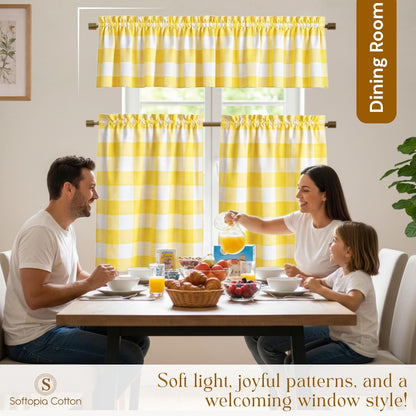 Buffalo Check Farmhouse Window Curtain Set, Valance 54x18 with Tier Curtains 26x36, 3 Piece Rod Pocket Curtains for Kitchen, Dining, Bathroom, Café Décor, Lemon Yellow