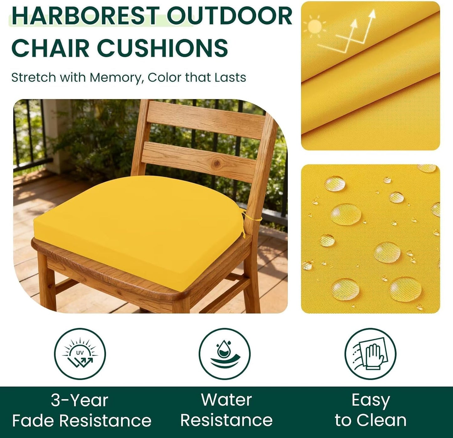 HARBOREST Outdoor Chair Cushions Set of 4, Water Resistant Patio Chair Cushions with Ties, Outdoor Seat Cushions for Patio Furniture, 17"x16"x2", Yellow