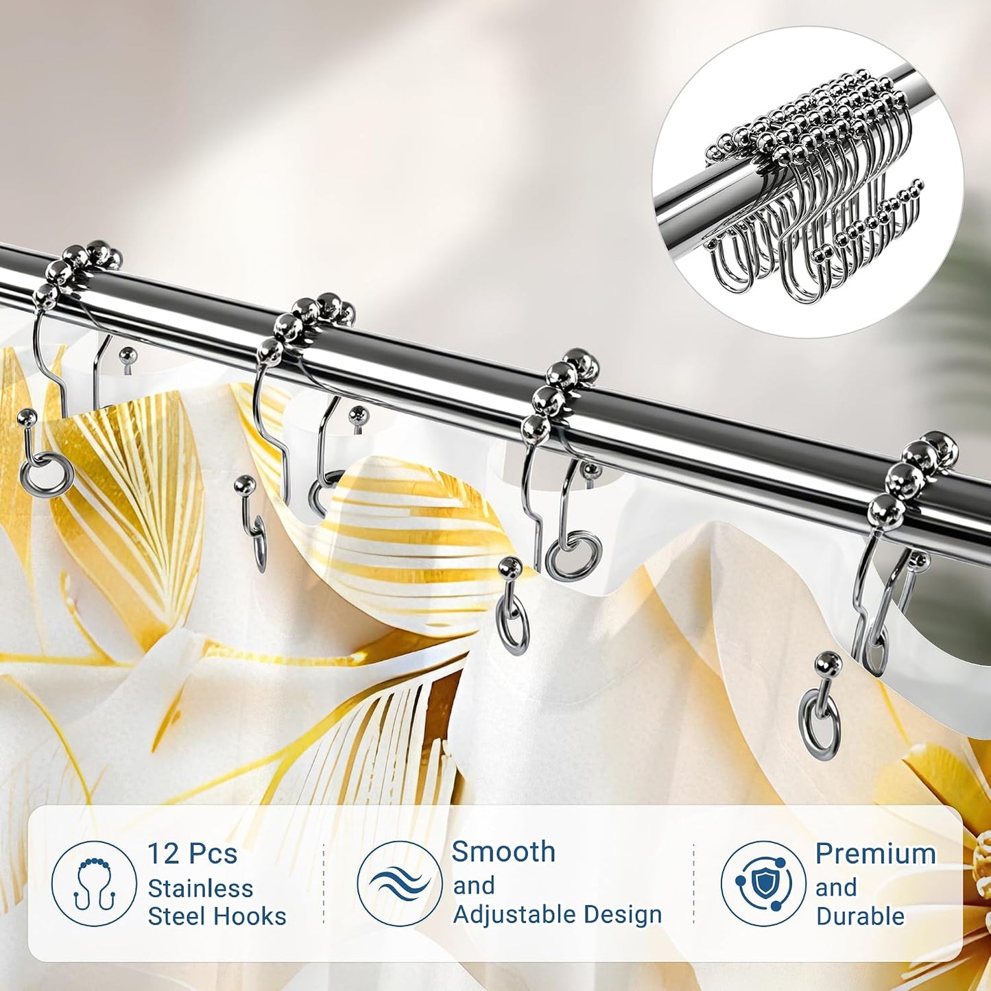 Chrainy 3 in 1 Golden Floral Double-Layer Shower Curtain Set, 72 * 72 in | Polyester Shower Curtain and PEVA Liner, 12 Stainless Steel Hooks, Waterproof Watercolor Bath Curtain for Bathroom Toilet