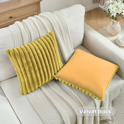 FUTEI Pack of 2 Fluffy Faux Fur Throw Pillow Covers 18x18 Inch Elegant Striped Textured Decorative Cushion Cases Modern Accent Pillow for Couch Bed Living Room, Mustard Yellow