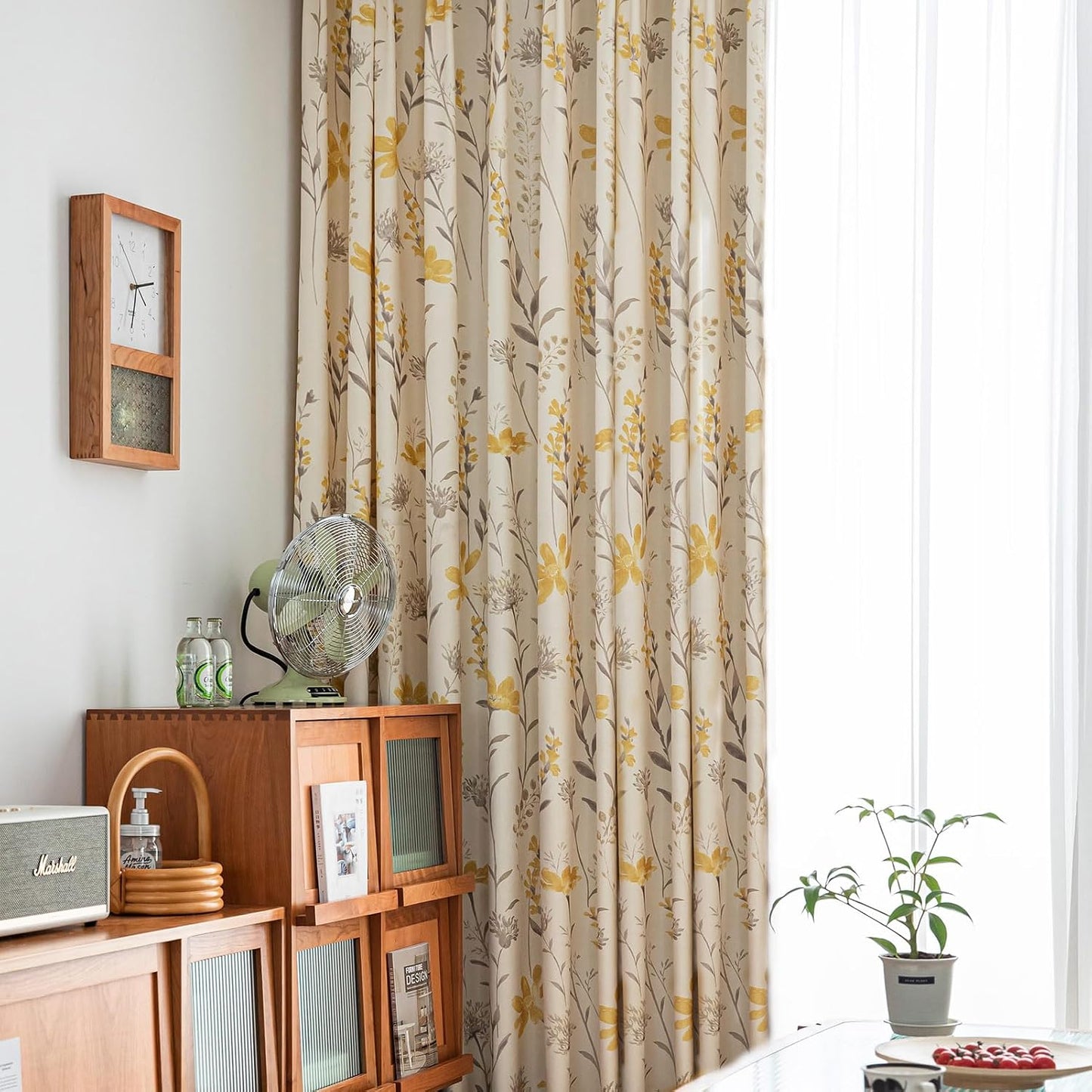 SUOUO Mustard Yellow Floral Curtain for Living Room Boho Chenille Patterned Grey Leaf 84 Inches Long Window Drapes for Bedroom Dining Sunflower 2 Panels