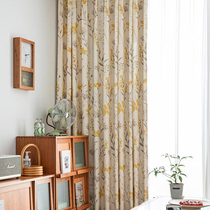 SUOUO Mustard Yellow Floral Curtain for Living Room Boho Chenille Patterned Grey Leaf 84 Inches Long Window Drapes for Bedroom Dining Sunflower 2 Panels