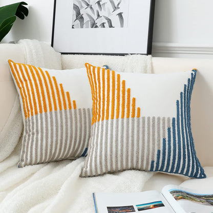 Boho Throw Pillow Covers 18x18 Pack of 2 Modern Striped Patchwork Farmhouse Pillow Covers Decorative for Couch Sofa Bed Outdoor Yellow and Blue Throw Pillow Covers