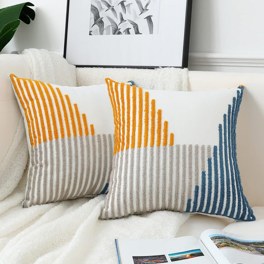 Boho Throw Pillow Covers 18x18 Pack of 2 Modern Striped Patchwork Farmhouse Pillow Covers Decorative for Couch Sofa Bed Outdoor Yellow and Blue Throw Pillow Covers