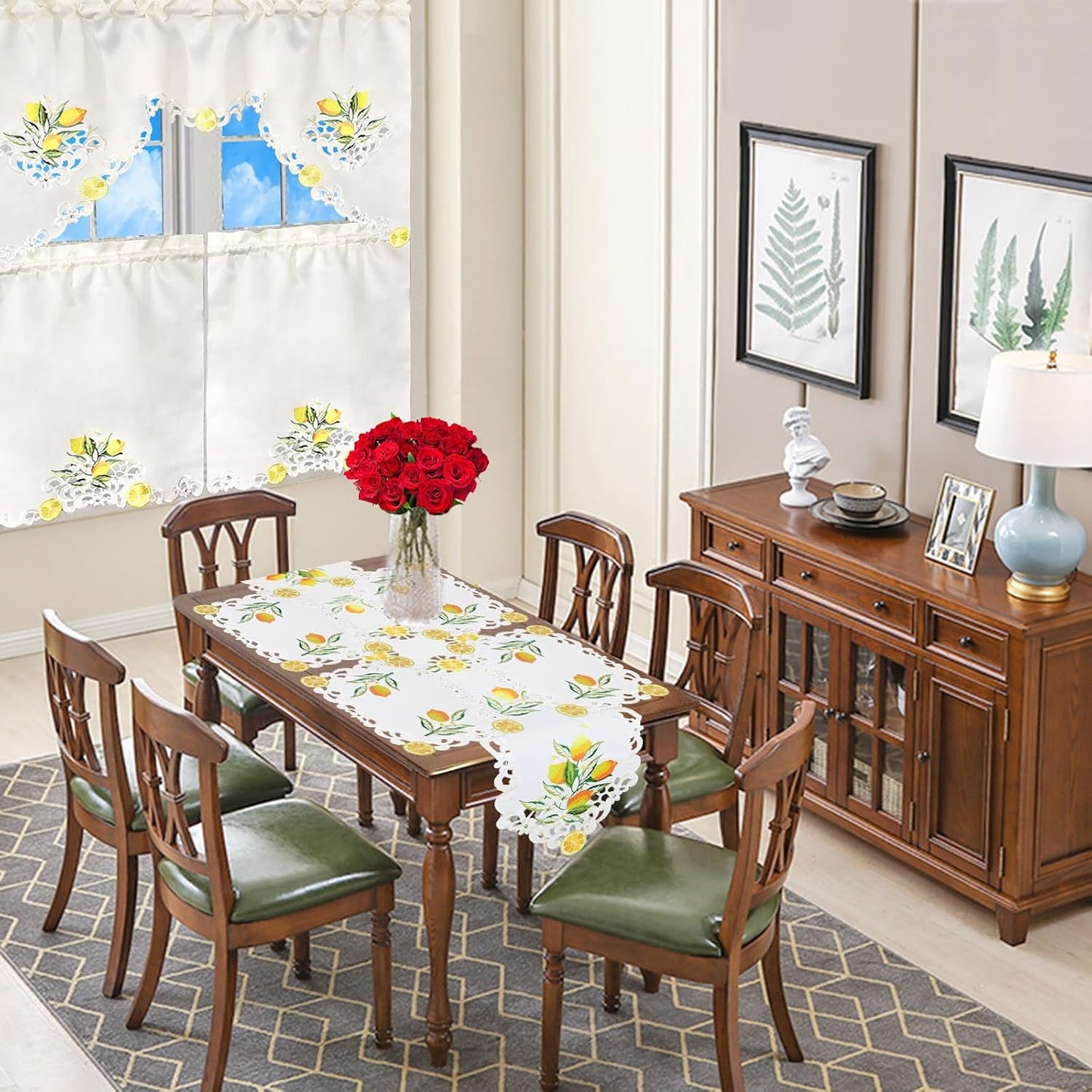 Embroidered Lemon Kitchen Window Curtain Swag and Tiers Set for Spring and Summer (Lemon)