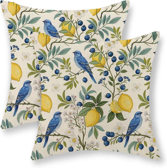 Chinoiserie Pillow Covers 18x18 Set of 2 Blue Green Bird Floral Throw Pillows Vintage Botanical Yellow Lemon Flower Decorative Pillowcase Outdoor Chinoiserie Decor Linen Cushion Case for Couch