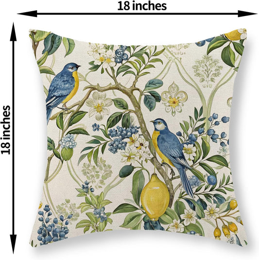 Chinoiserie Pillow Covers 18x18 Set of 2 Blue Green Bird Floral Throw Pillows Vintage Botanical Yellow Lemon Flower Decorative Pillowcase Outdoor Chinoiserie Decor Linen Cushion Case for Couch