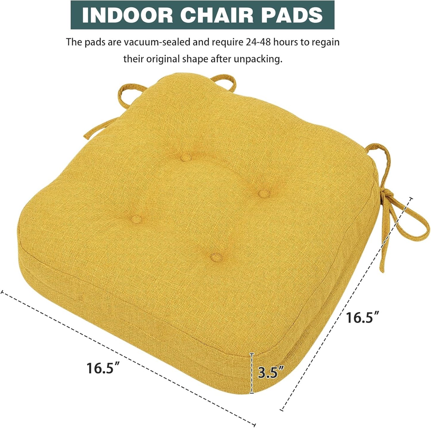 baibu Set of 6 Dining Chair Cushions, Dual-Layer Patent Design Memory Foam Kitchen Chair Cushions, Non-Slip Seat Pads with Ties, 16.5 x 16.5 x 3.5in, 6 Pack, Yellow
