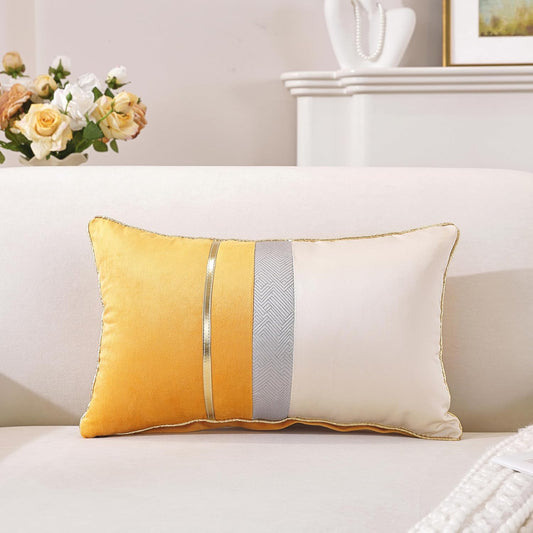 TAOSON Pack of 2, Yellow Beige Patchwork Velvet Throw Pillow Cover with Gold Striped Leather Cushion Case Modern Luxury Square Pillowcase for Sofa Couch Bedroom Living Room Home,12 X 20 inch