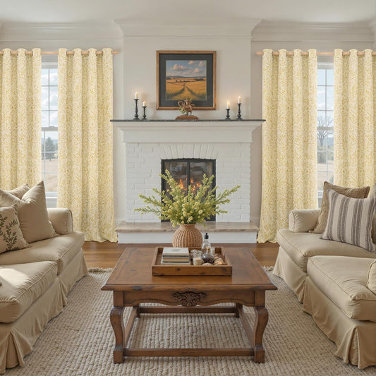 BGment Yellow French Country Curtains for Living Room 90 Inch Length - Vintage Botanical Jacquard Cottage Core Farmhouse Linen Curtains Bronze Grommet Light Filtering Drapes, 2 Panels, 52 x 90 Inch