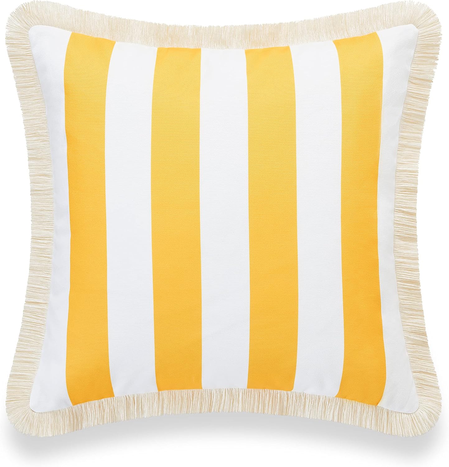 Hofdeco Premium Coastal Patio Indoor Outdoor Pillow Cover Only, 20"x20" Water Resistant for Backyard, Couch, Yellow Stripe Fringe