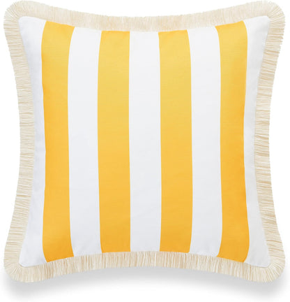 Hofdeco Premium Coastal Patio Indoor Outdoor Pillow Cover Only, 20"x20" Water Resistant for Backyard, Couch, Yellow Stripe Fringe
