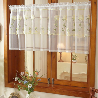 2 Panels Yellow Rose Sheer Valances for Windows Double-Layered Lace Floral Embroidered Kitchen Curtains Over Sink Cafe Curtain, Window Short Small Drapes(Yellow,55"x18")