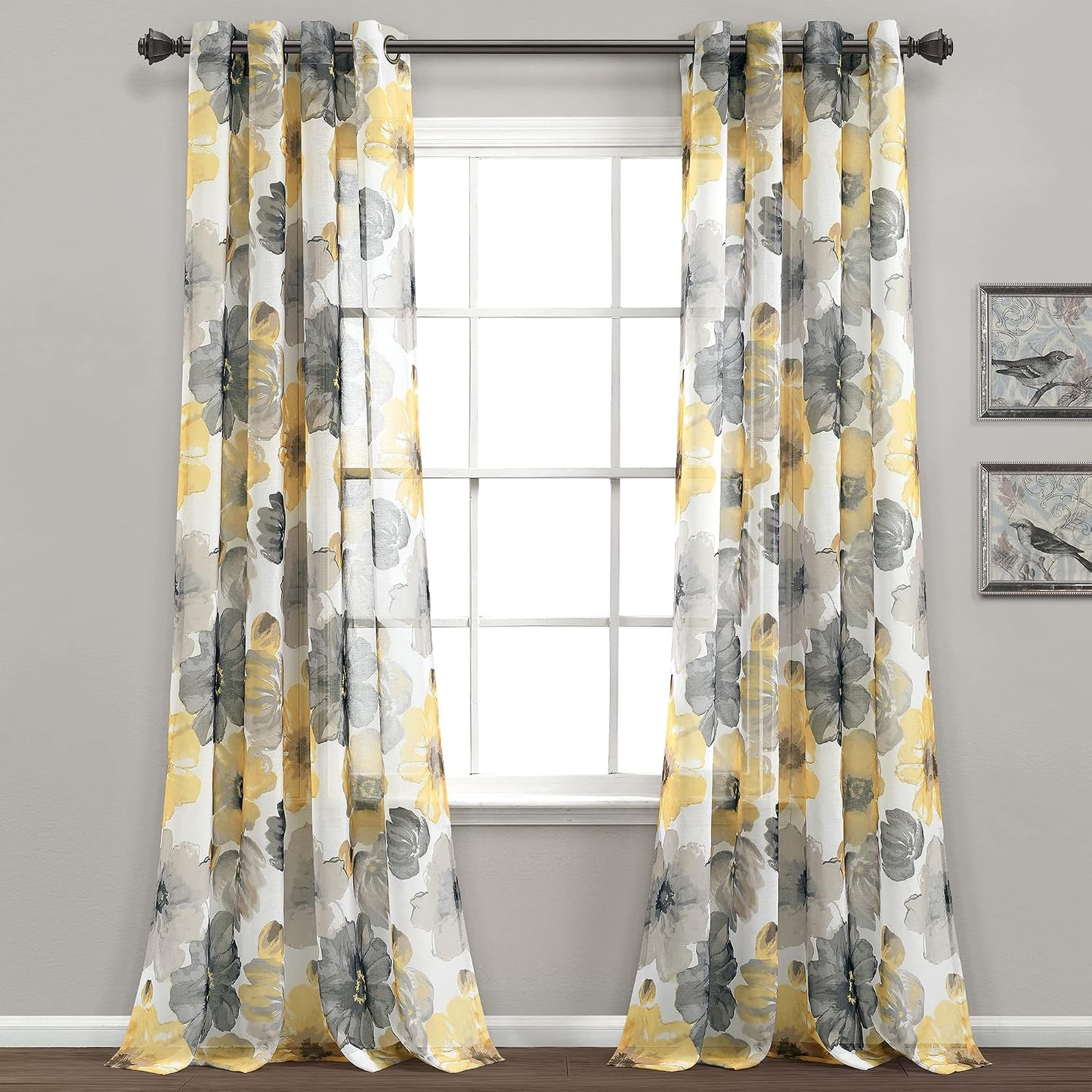Lush Decor Leah Floral Sheer Window Curtain Panels Pair 52"W x 84"L Yellow & Gray - Floral Curtains for Bedroom - Sheer Curtains for Living Room