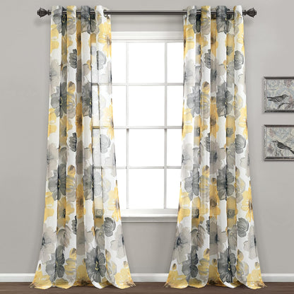 Lush Decor Leah Floral Sheer Window Curtain Panels Pair 52"W x 84"L Yellow & Gray - Floral Curtains for Bedroom - Sheer Curtains for Living Room