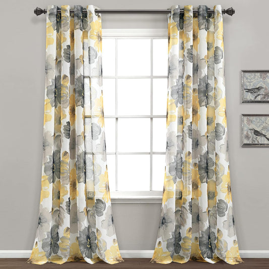 Lush Decor Leah Floral Sheer Window Curtain Panels Pair 52"W x 84"L Yellow & Gray - Floral Curtains for Bedroom - Sheer Curtains for Living Room