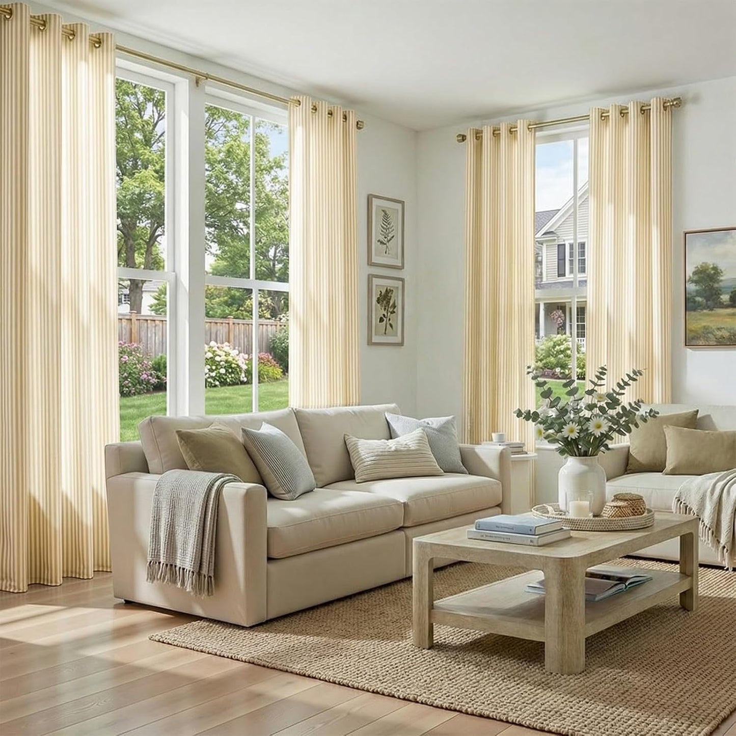 Vangao Linen Striped Curtains for Living Room Bedroom Farmhouse Tickingstripe Light Filtering Window Curtains Printed Drapes Grommet Top 2 Panels Mustard Yellow on Off White W50 x L84 Inch