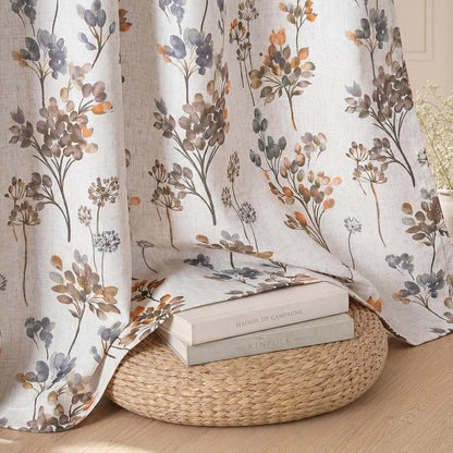 Floral Linen Curtains 72 inch Length 2 Panels Set Flower Patterned Semi Sheer Light Filtering Privacy Farmhouse Grommet Drapes for Living Room, Yellow, 52" W X 72" L, Tan