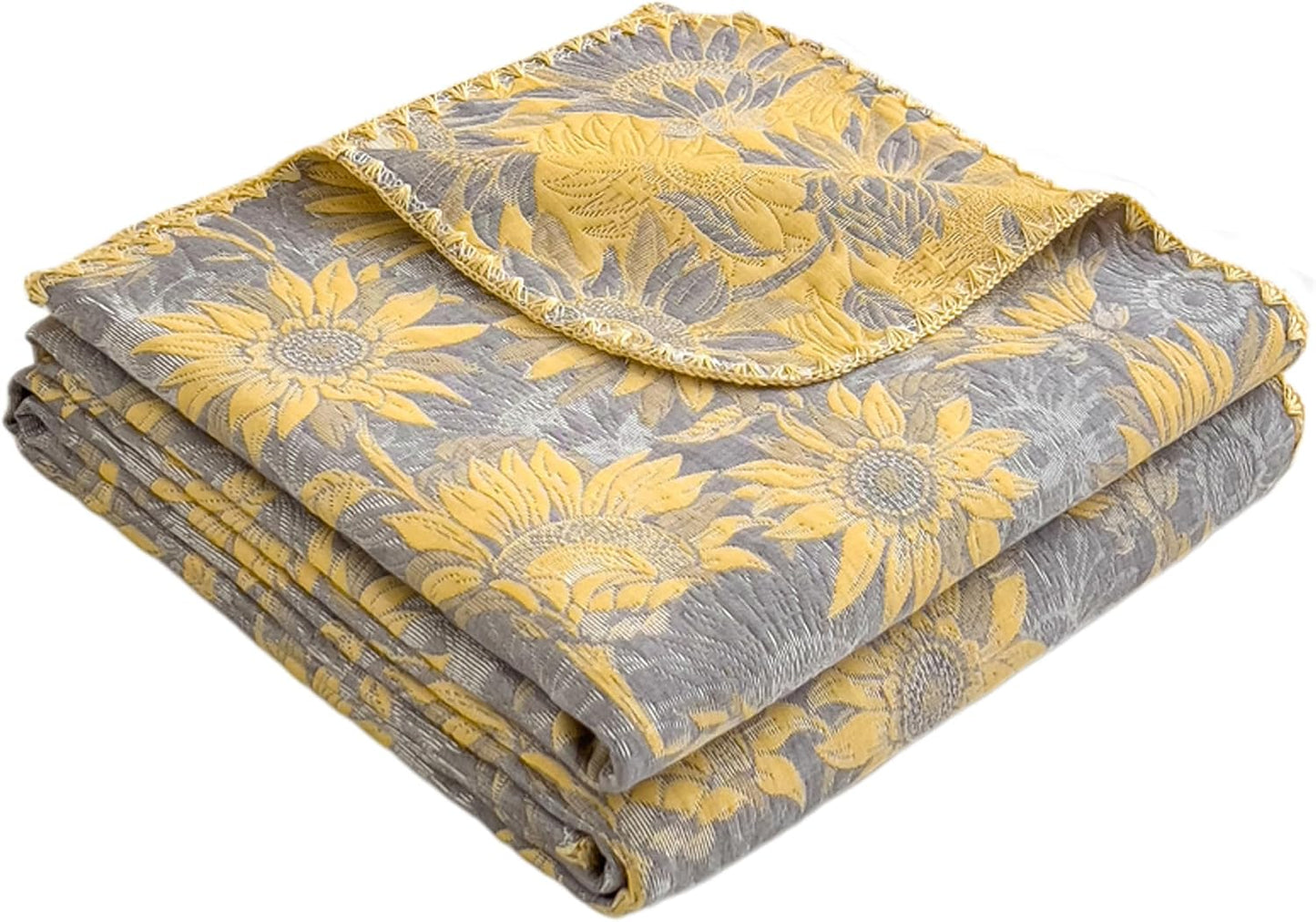 NIDITW 3 Layer Throw Blanket for Bed 100% Cotton Boho Floral Blanket 80''x90'' Summer Breathable and Lightweight Travel Muslin Blanket for Women Home Decor Yellow (Yellow Sunflower, 60"x80")