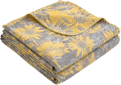 NIDITW 3 Layer Throw Blanket for Bed 100% Cotton Boho Floral Blanket 80''x90'' Summer Breathable and Lightweight Travel Muslin Blanket for Women Home Decor Yellow (Yellow Sunflower, 60"x80")