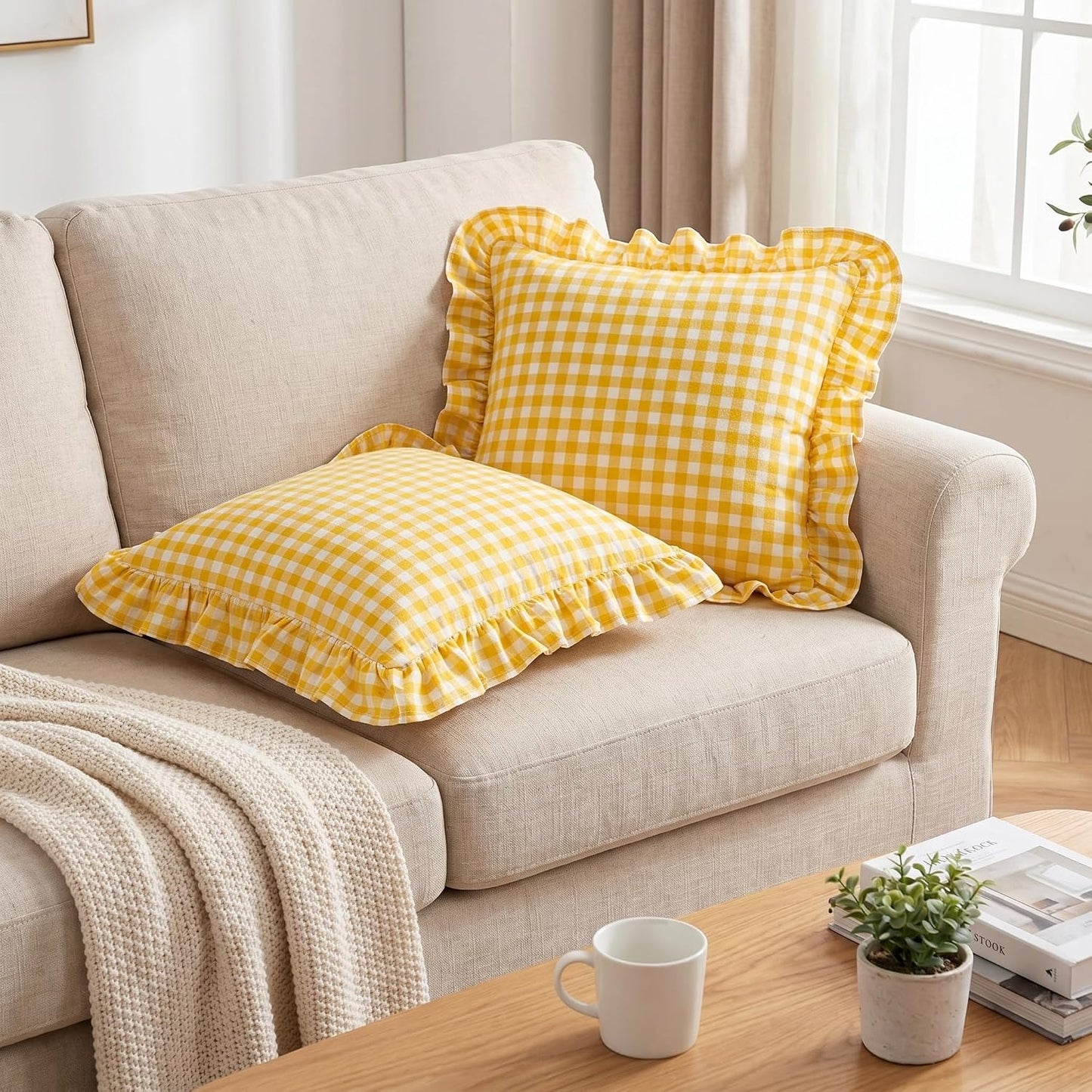 PartyDelight Gingham Throw Pillow Covers Yellow and White Ruffle Plaid Checkered Fall Decorative Farmhouse Euro Pillow Shams 2 Pack for Bed/Sofa Zipper Closure 100% Washed Cotton (18x18Inches)