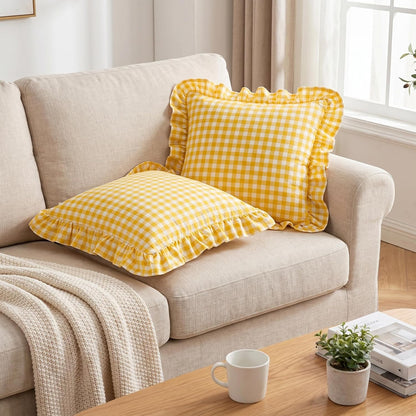 PartyDelight Gingham Throw Pillow Covers Yellow and White Ruffle Plaid Checkered Fall Decorative Farmhouse Euro Pillow Shams 2 Pack for Bed/Sofa Zipper Closure 100% Washed Cotton (18x18Inches)