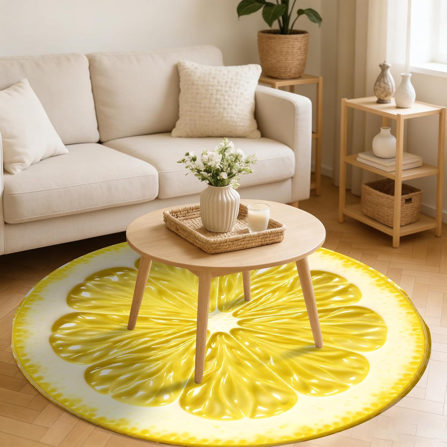 Summer Lemon Rug 5Ft for Bedroom Kitchen Living Room Home Office Dining Room Nursery Fresh Lemon Slice Design Round Area Rug Floor Carpet Yellow Circle Decorative Rugs