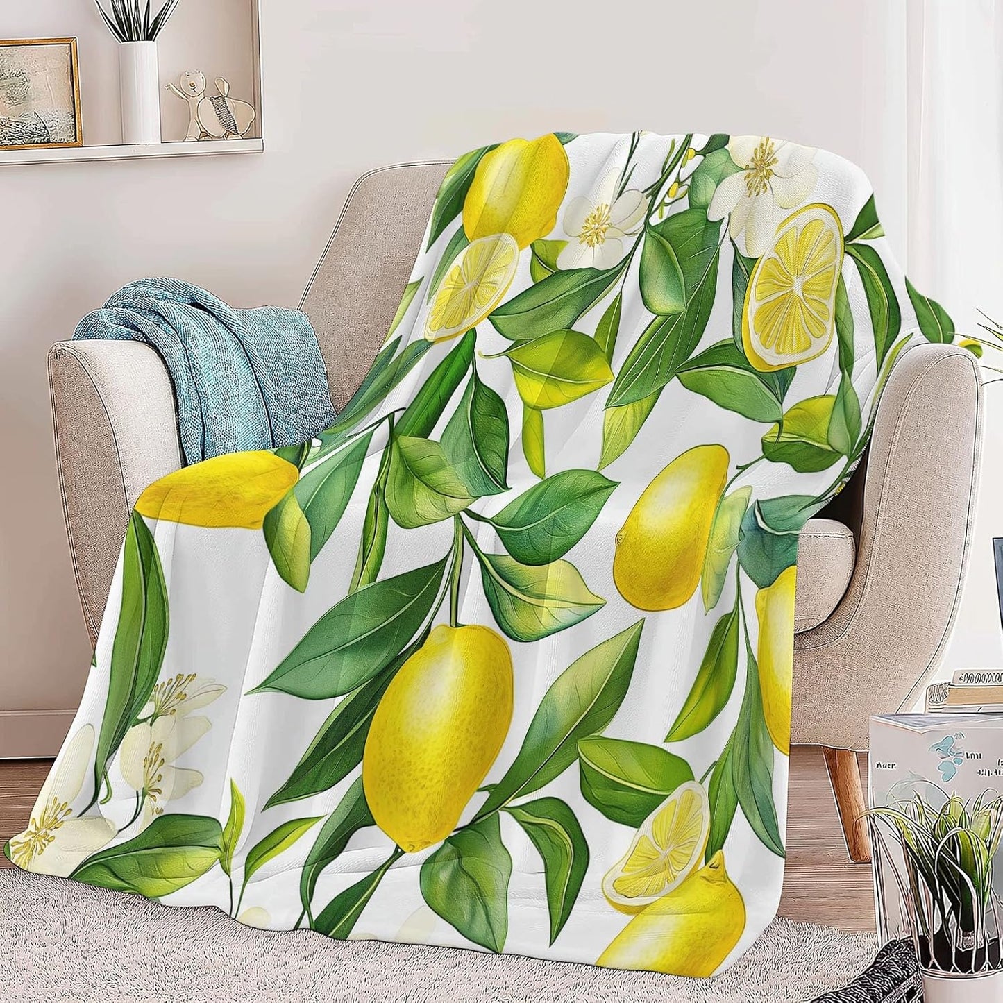 Yellow Green Kids Throw Blanket, Watercolor Plant Lemon Print Blankets for Boys Girls, Warm Lightweight Plush Throw Fleece for Sofa Chair Couch Bed, 79 x 79 inch