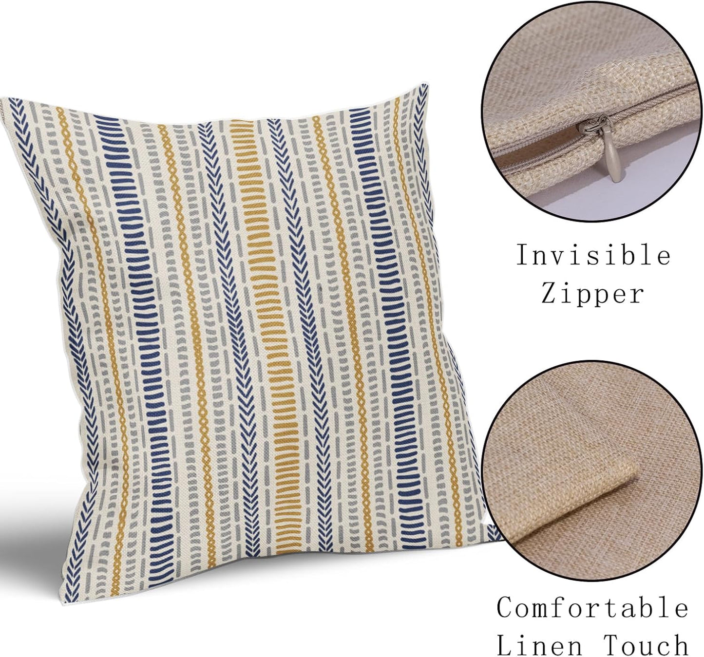 Blue Yellow Boho Striped Pillow Covers 18X18 Inch Set of 2, Navy Yellow Grey Gray Herringbone Print Pattern Decorative Throw Pillow Covers Outdoor Farmhouse Cushion Case Couch Sofa Bed Decor