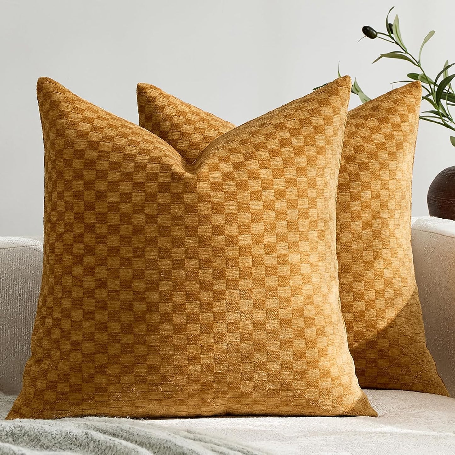 Croker Horse 18x18'' inches Chenille Plaid Throw Pillow Cover – Yellow Textured 3D Geometric Grid Checkered Plaid Pattern, Soft Modern Farmhouse Boho Cushion Case for Sofa Couch Bedroom Living Room