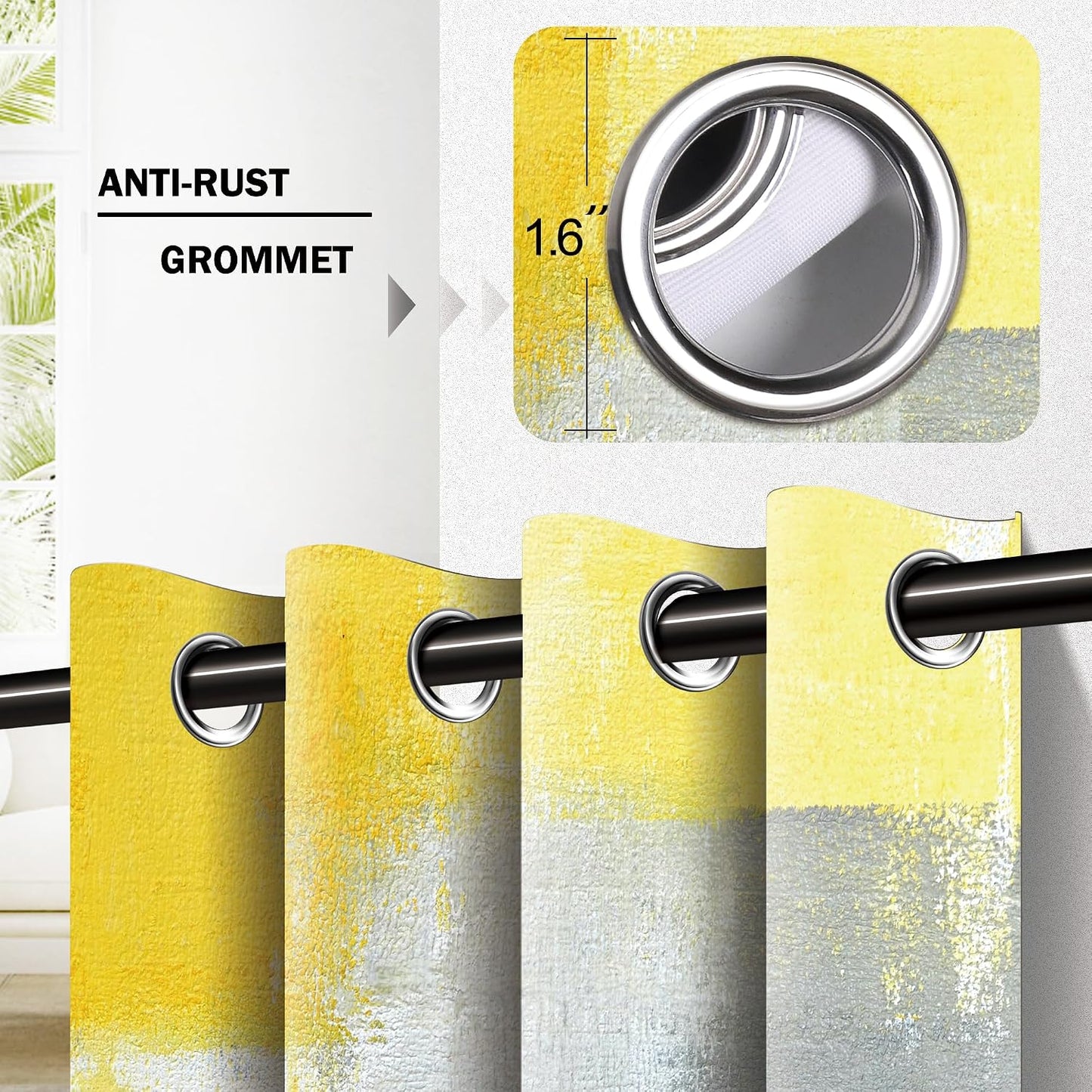 Yellow Grey Abstract Geometric Curtains – 100% Blackout Grommet Drapes, Thermal Insulated Window Panels for Bedroom, Living Room, Kids Room, 42 x 45 Inch