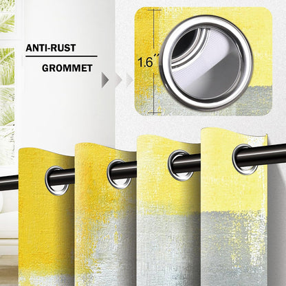 Yellow Grey Abstract Geometric Curtains – 100% Blackout Grommet Drapes, Thermal Insulated Window Panels for Bedroom, Living Room, Kids Room, 42 x 45 Inch