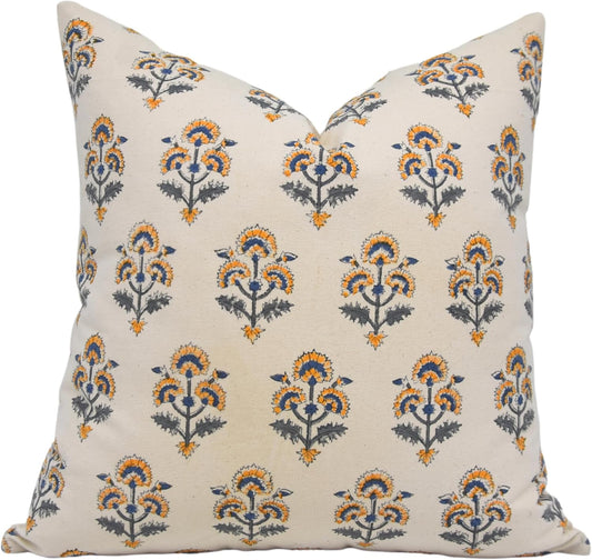 Thick Cotton Fabric Vintage Handmade Block Floral Print 14x14 Inch Invisible Zipper Throw Pillowcase Cushion Cover Decoration for Sofa, Couch, Bedroom (Traffic Light-Yellow)