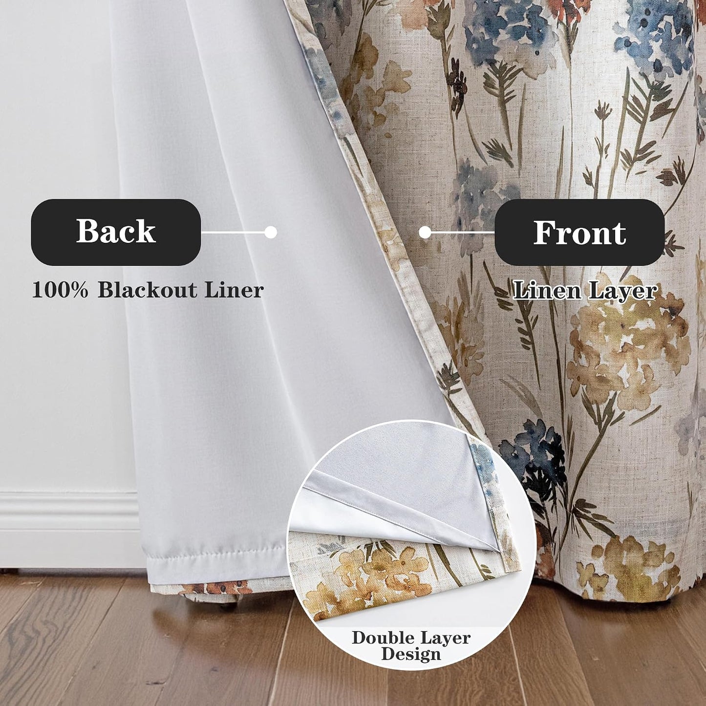 MYSKY HOME Extra Long 100% Blackout Curtains 108 Inches Long 2 Panels for Living Room Bedroom Farmhouse Floral Patterned Double Layer Thermal Insulated Grommet Window Treatments, Yellow, 52" W Each