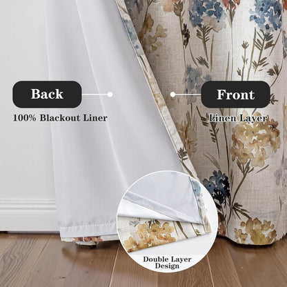 MYSKY HOME Extra Long 100% Blackout Curtains 108 Inches Long 2 Panels for Living Room Bedroom Farmhouse Floral Patterned Double Layer Thermal Insulated Grommet Window Treatments, Yellow, 52" W Each