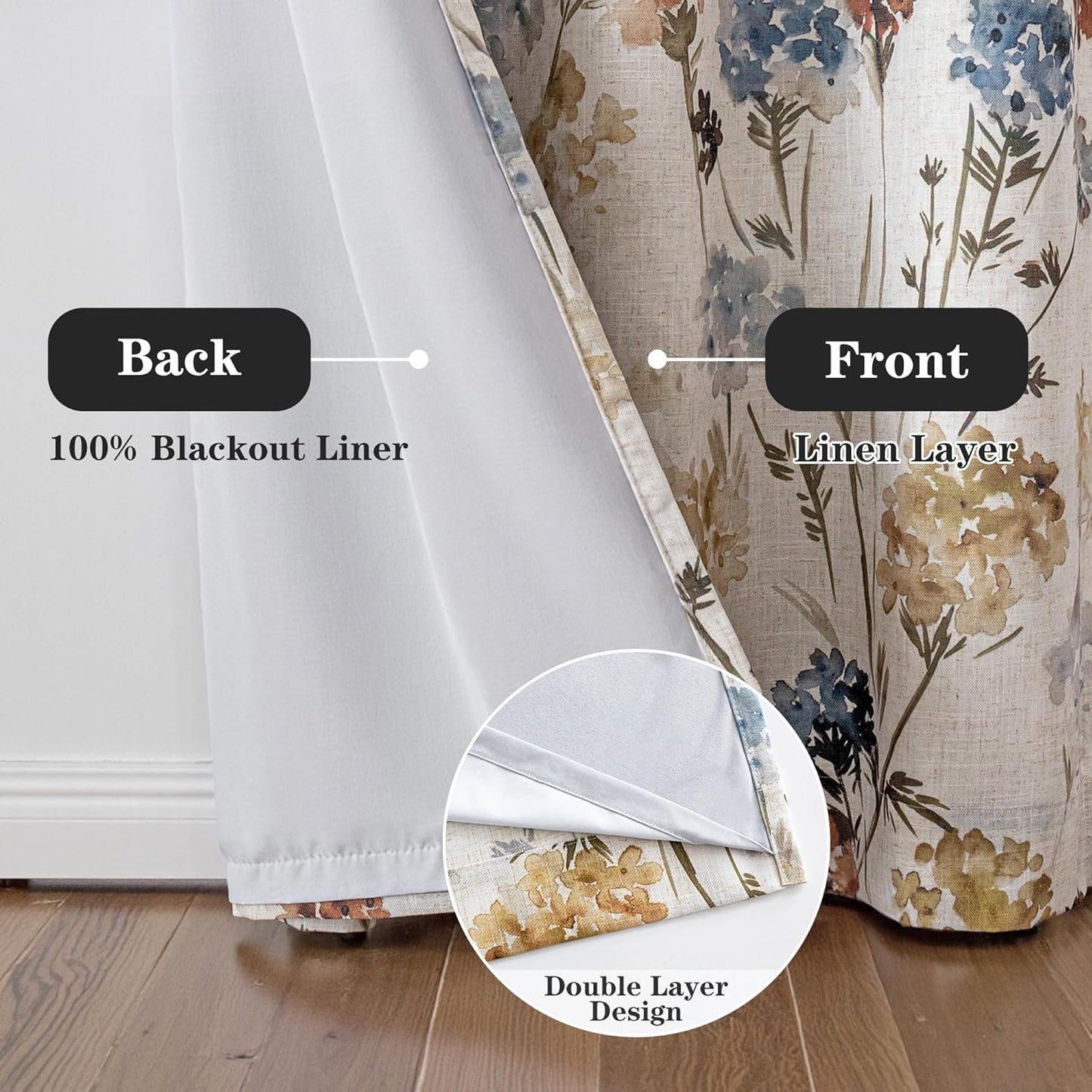 MYSKY HOME 100% Blackout Linen Floral Curtains 90 Inch Long 2 Panels Farmhouse Pattern Printed Double Layer Thermal Insulated Soundproof Drapes for Living/Dining Room, Yellow, 52" Wide Each Panel