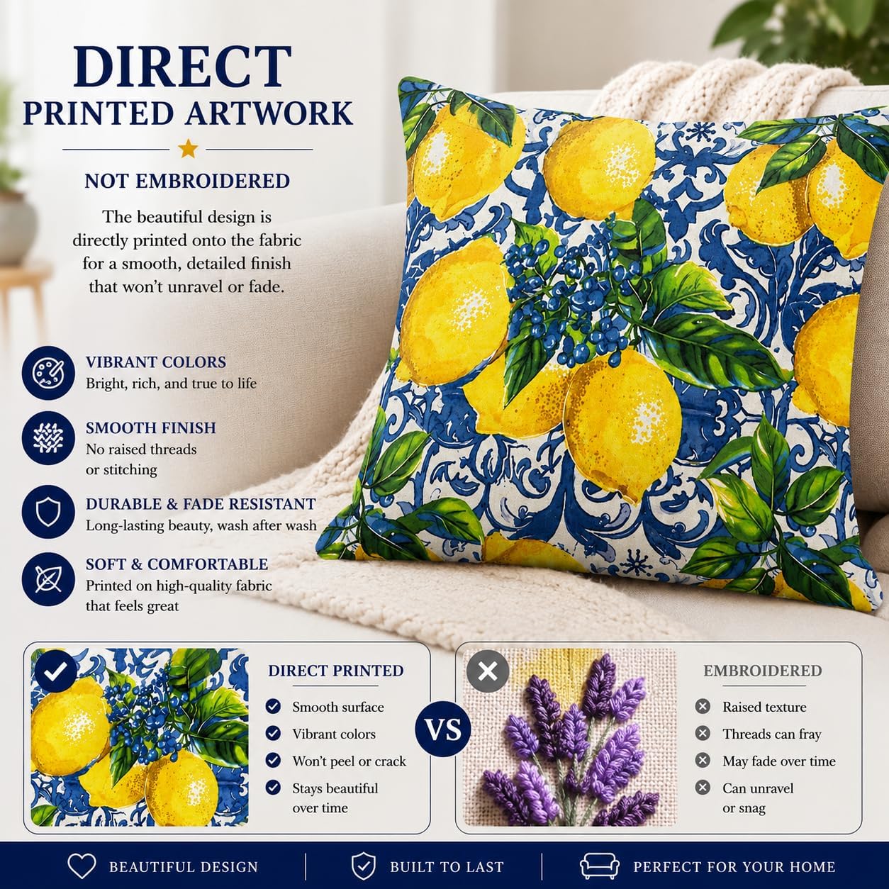Lemon Throw Pillow, 18x18 Inch Decorative Pillow with Insert Included, Blue White Mediterranean Accent Pillow, Italian Coastal Farmhouse Home Decor Cushion for Sofa Couch Bed (LS-005)